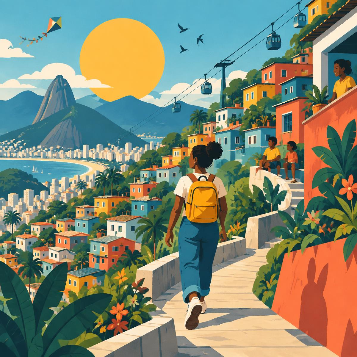 Ilustración de una joven caminando por un barrio de ladera hacia el sol
