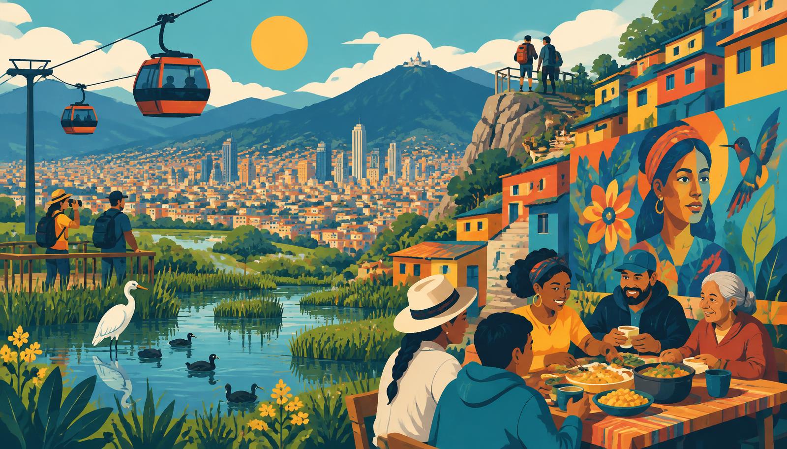 Ilustración del recorrido turístico comunitario: cable, humedal, mural y almuerzo compartido